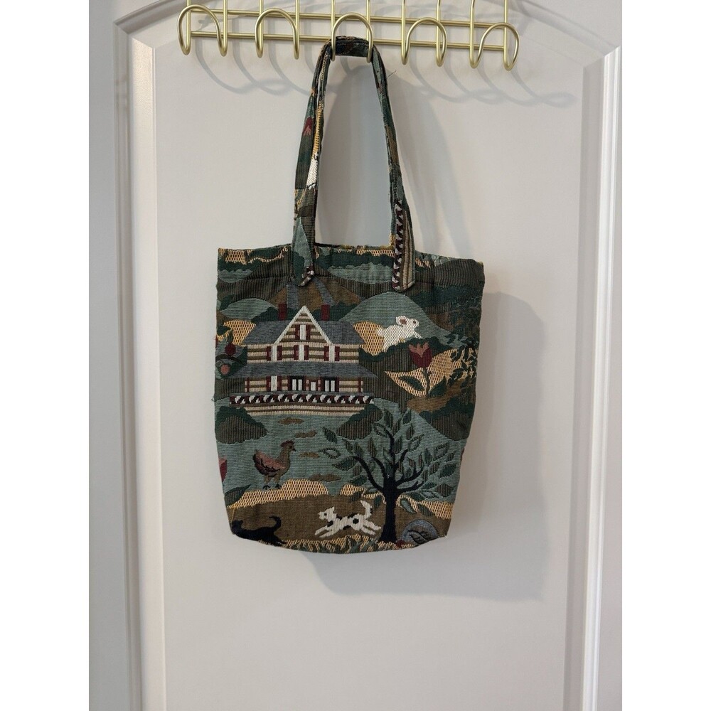 Vintage Tapestry Tote Bag Cabin Lodge Scene Deer Duck Woven Shoulder Purse